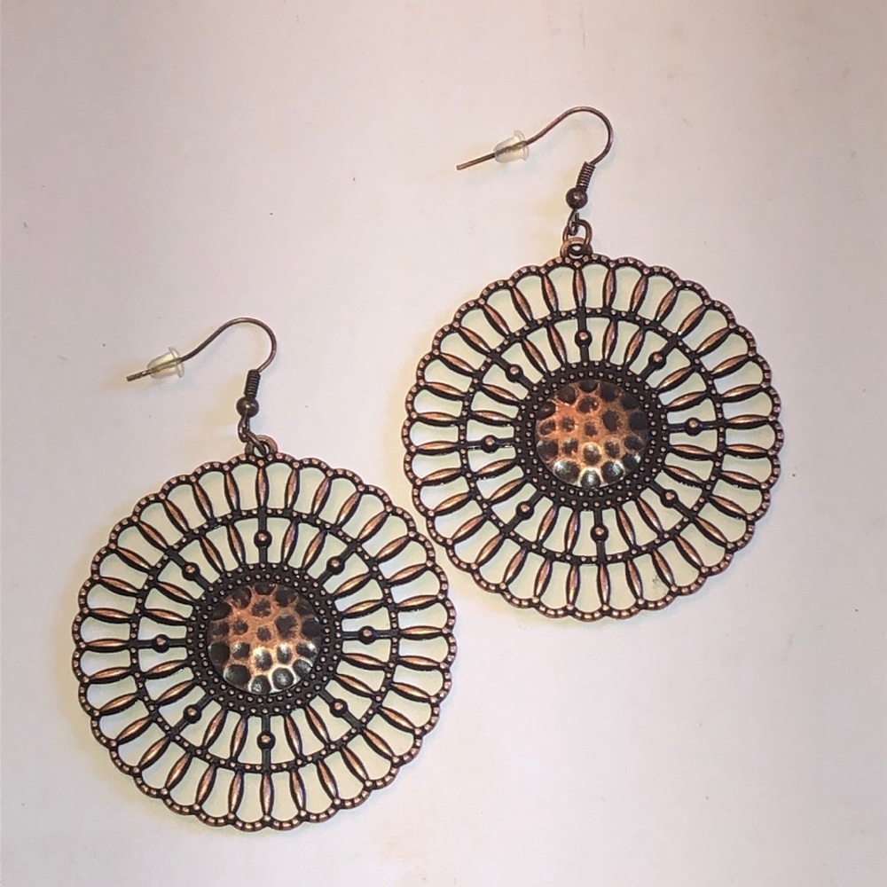 Copper Tone Filigree Round Drop Earrings